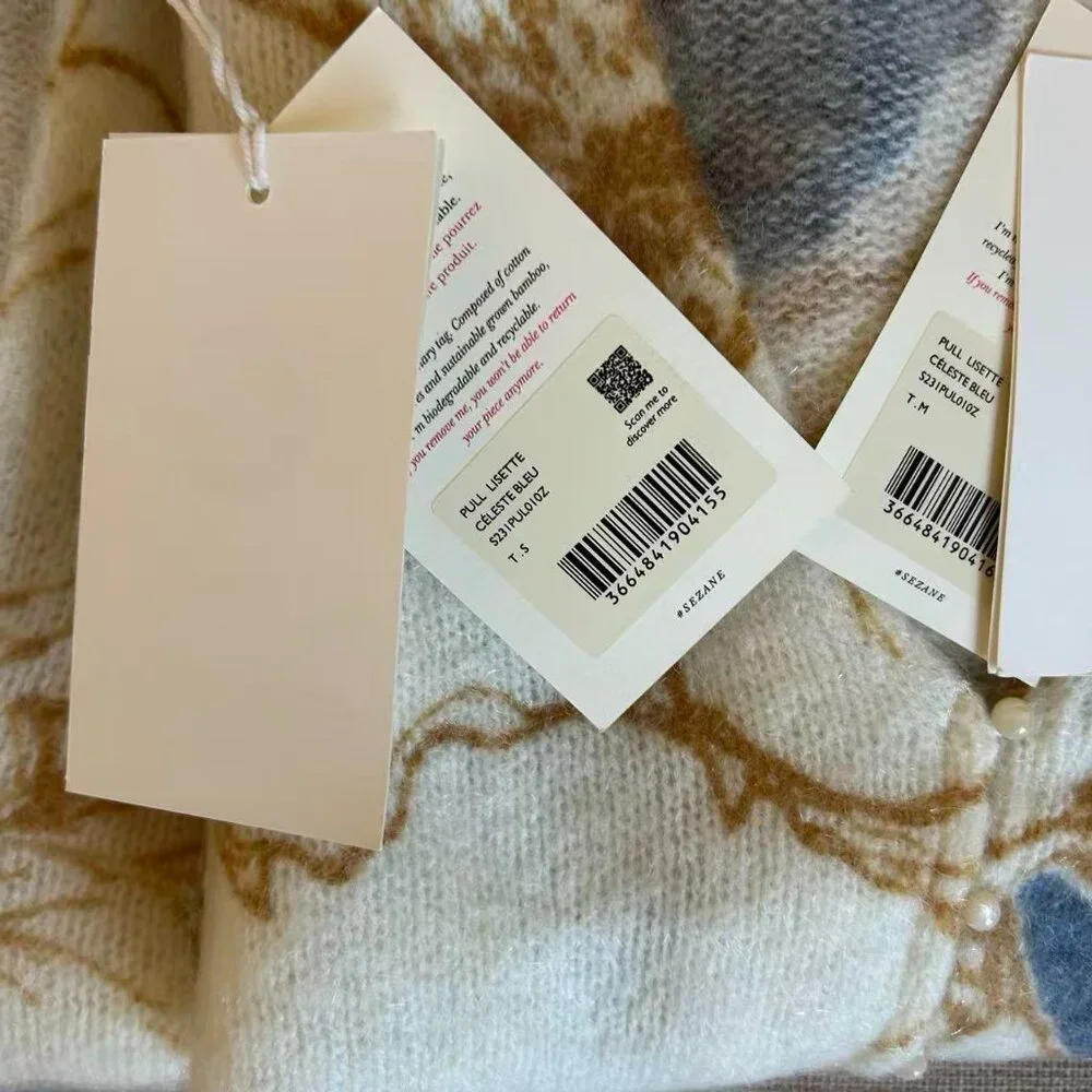 BEST Sezane Lisette Jumper XS/M Celeste Blue Floral Cardigan French Knit Sweater - Picture 7 of 8